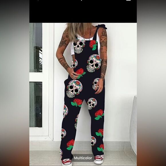 Lightweight skull,overalls with tie shoulders front pocket silky feel for summer - Picture 5 of 8